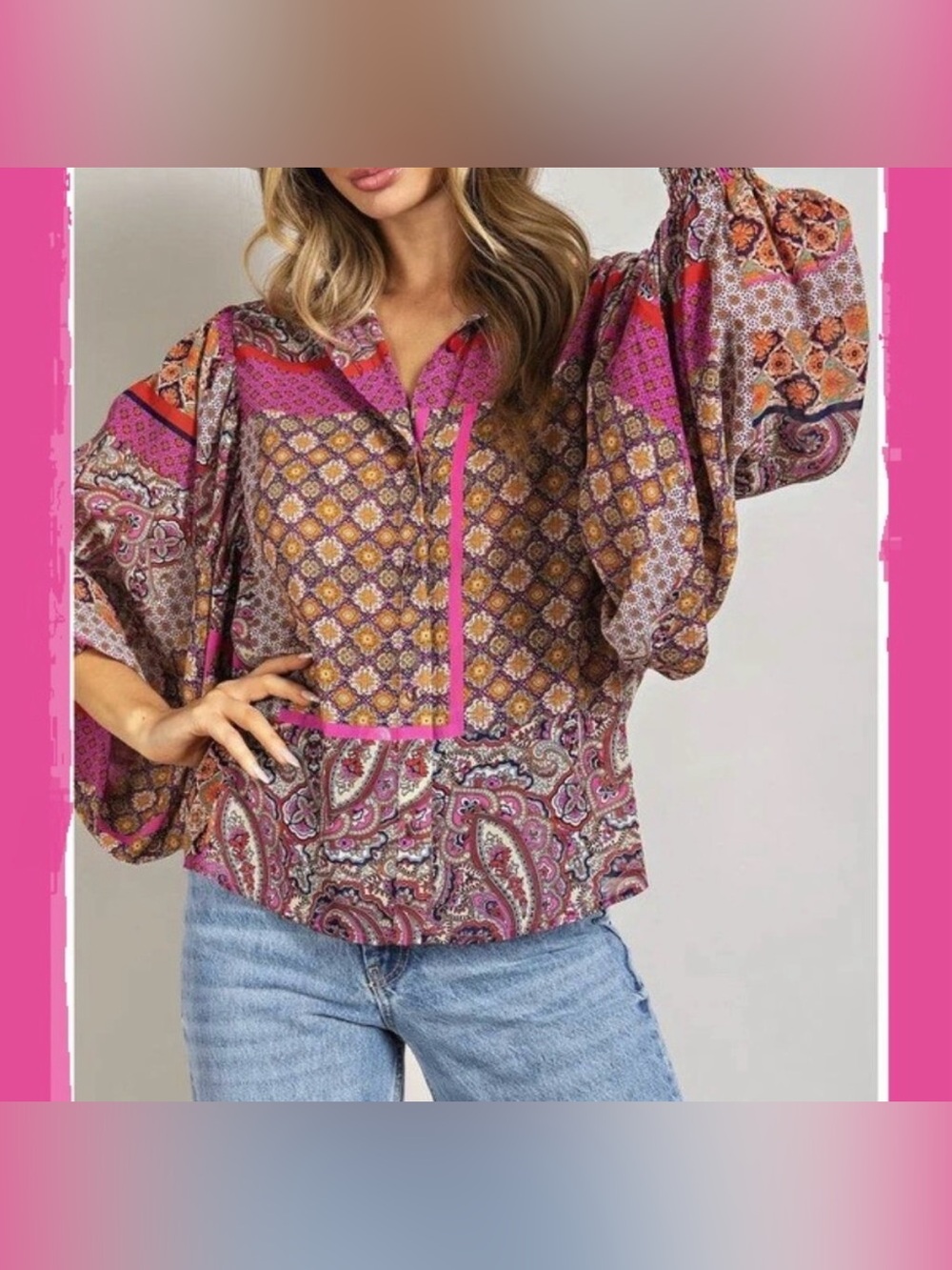 eesome Pink and Gold Paisley & Geometric Balloon Sleeve Blouse